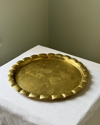 Vintage Hammered Brass Tray with Scalloped Edge