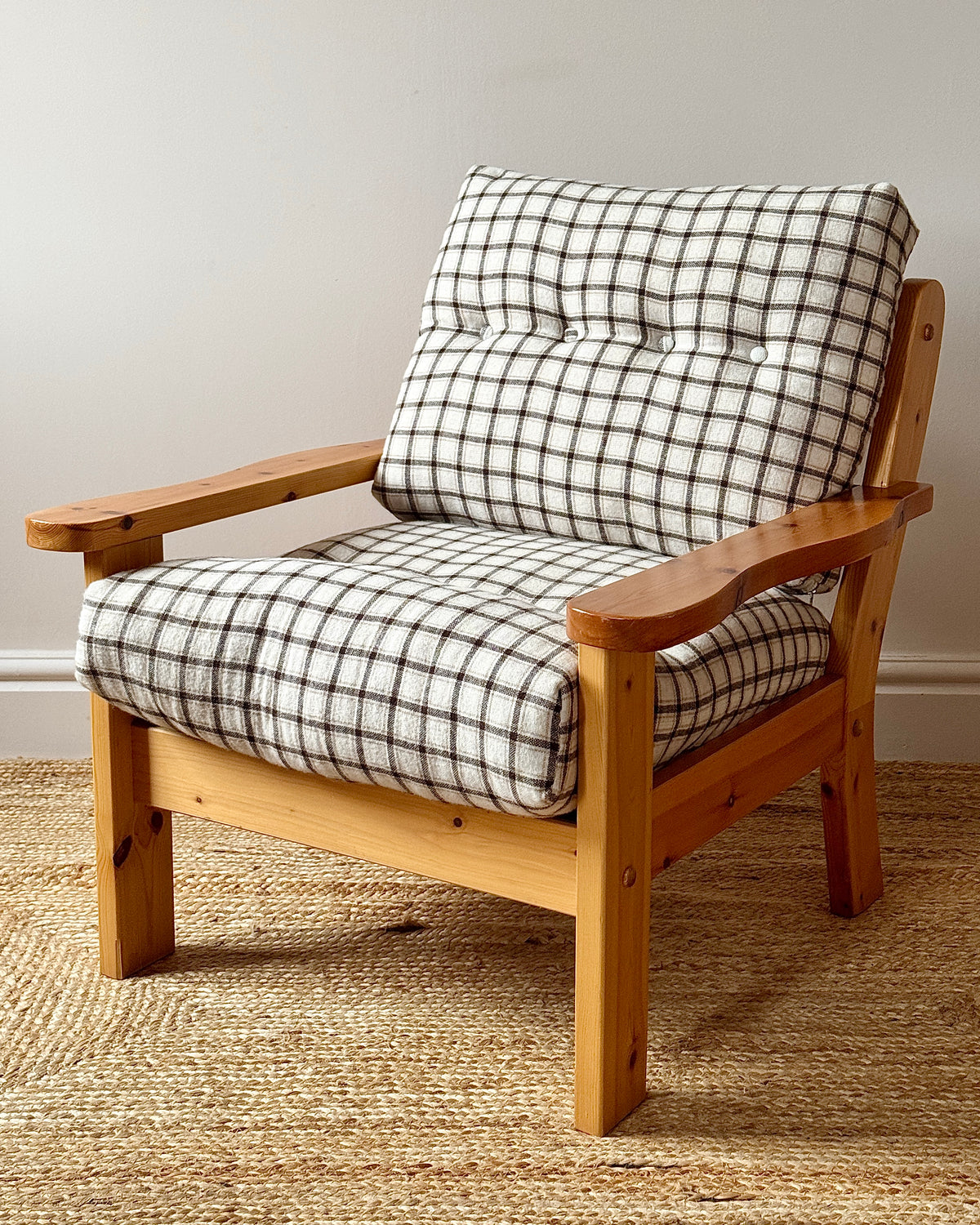 Scandinavian Pine Armchairs with Check Upholstery 1970s