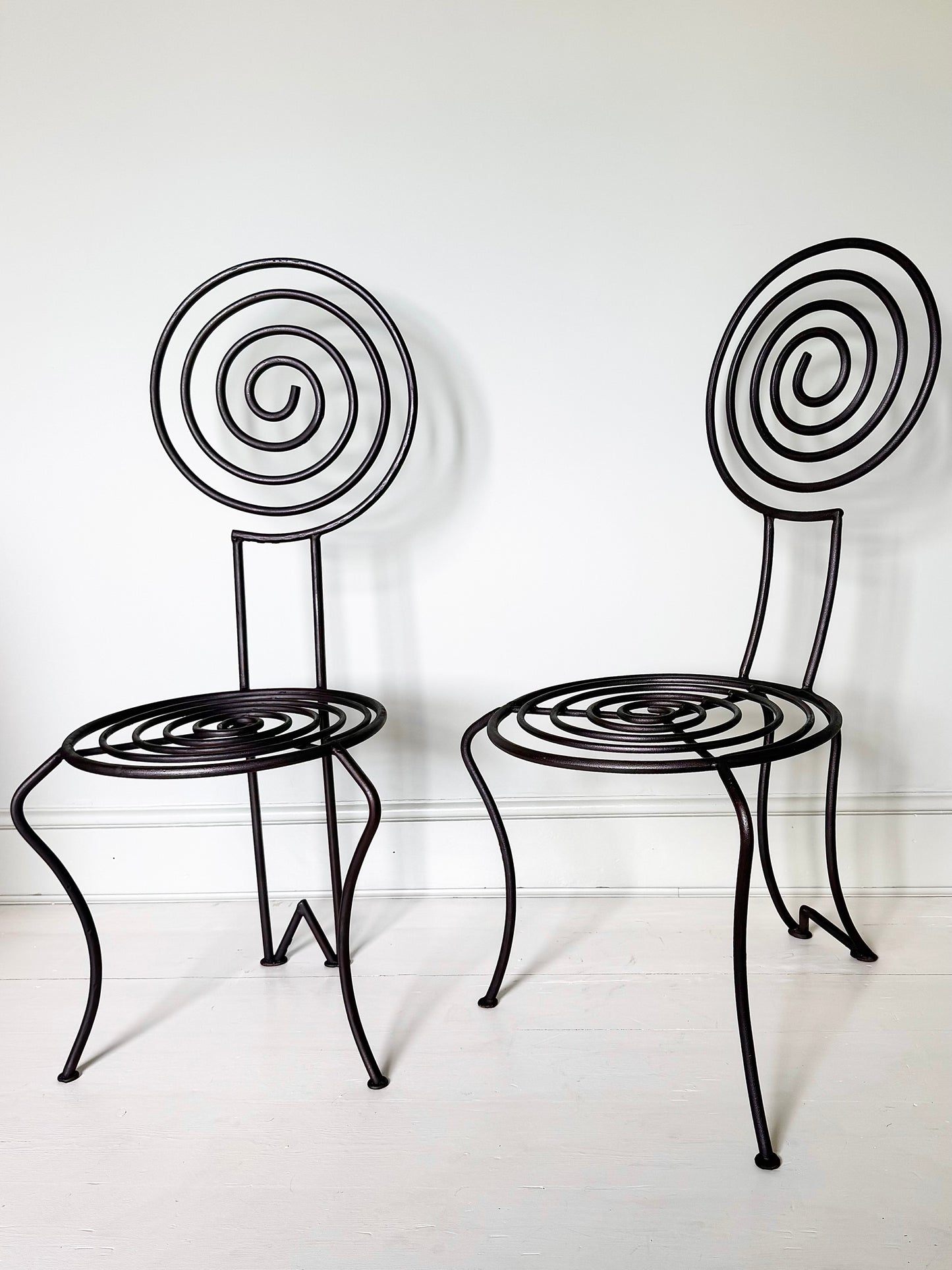 Pair of French Atelier Wrought Iron Spiral Chairs, Signed JTS
