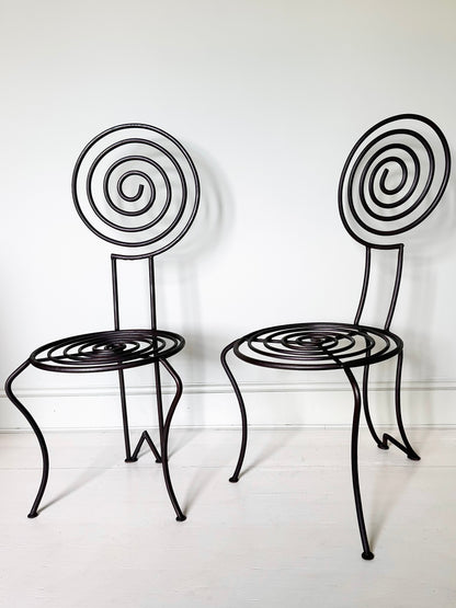 Pair of French Atelier Wrought Iron Spiral Chairs, Signed JTS