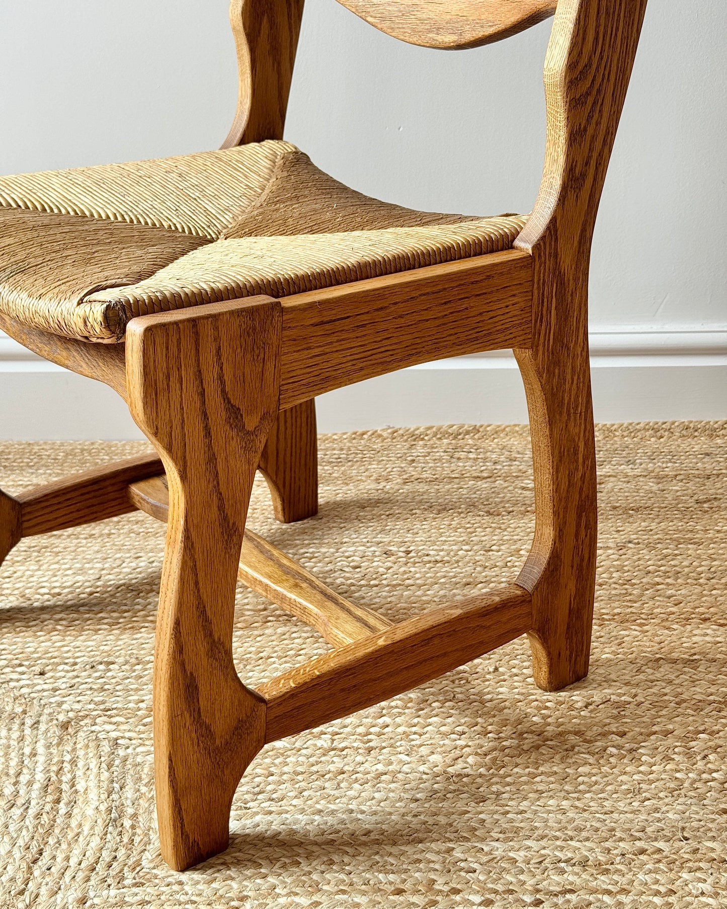 Set of Four Razor Back Oak & Rush Dining Chairs by Guillerme et Chambron
