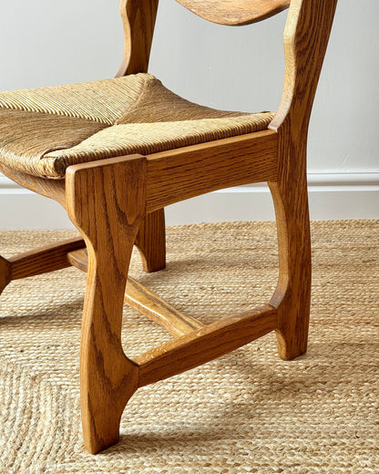 Set of Four Razor Back Oak & Rush Dining Chairs by Guillerme et Chambron