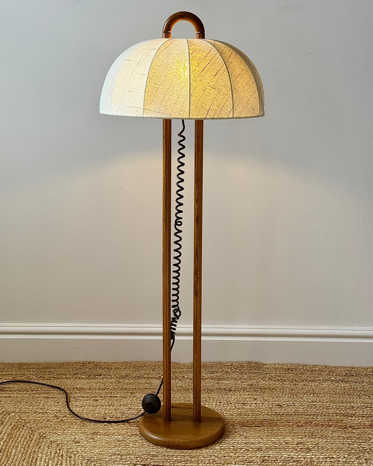German Oak Floor Lamp with Domed Linen Shade, c.1970