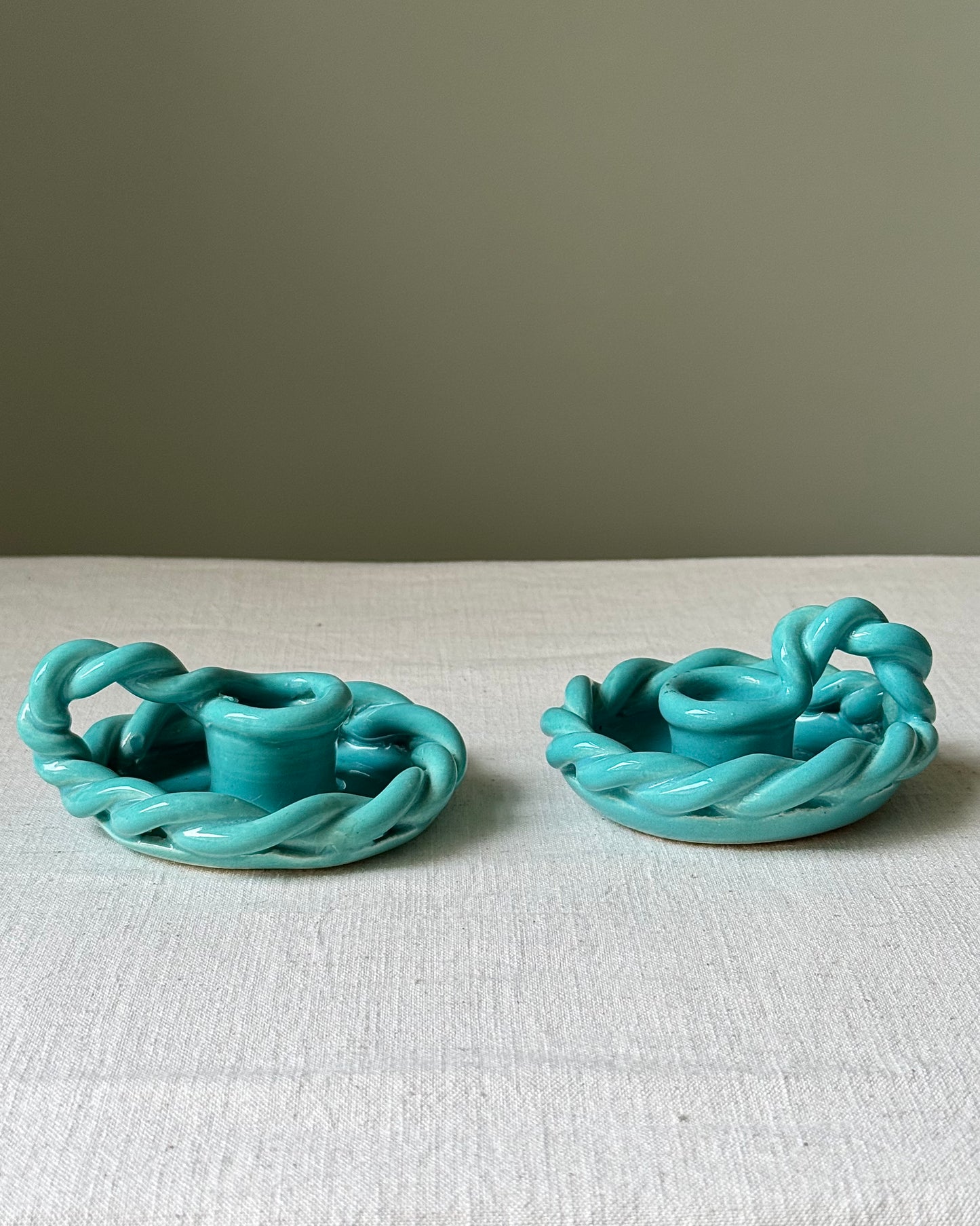 Pair of Vallauris Twisted Rope Turquoise Glaze Candlesticks