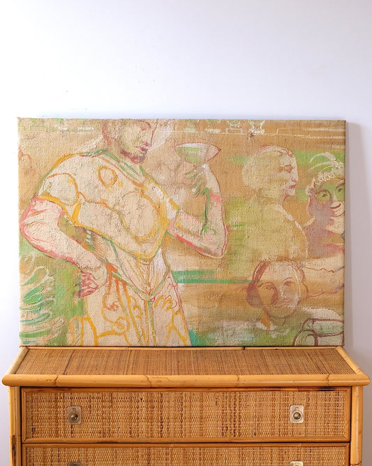 French Painted Hessian Mural Fragment with Figures Drinking Wine, 1970s