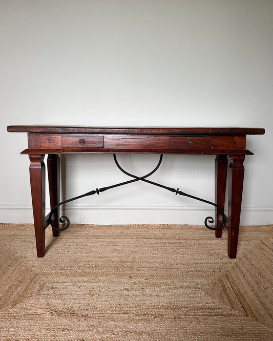 1940’s Spanish Console Table with Sculptural Iron Stretcher