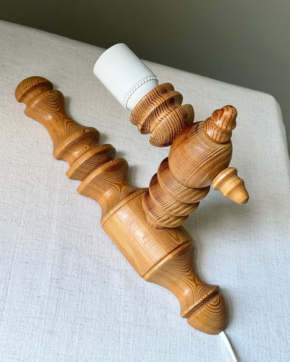 Swedish Turned Pine Wall Sconce, 1970s