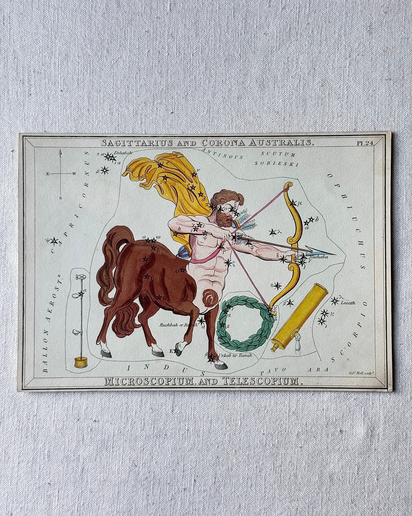 Antique Hand-Painted Constellation Print ‘Urania’s Mirror’ by Sidney Hall c. 1825