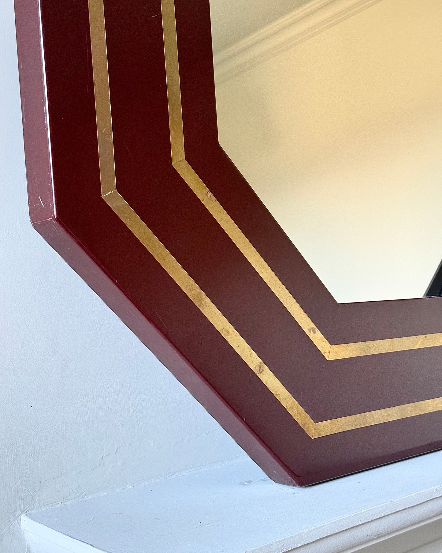 Burgundy Lacquer & Brass Inlay Octagonal Mirror attributed to Jean-Claude Mahey, French c. 1970