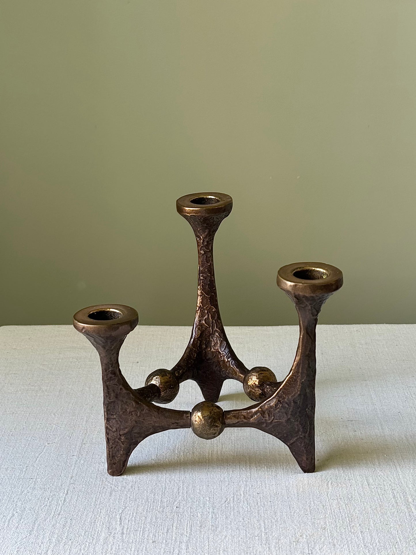 Brutalist Bronze 3 Prong Candleholder