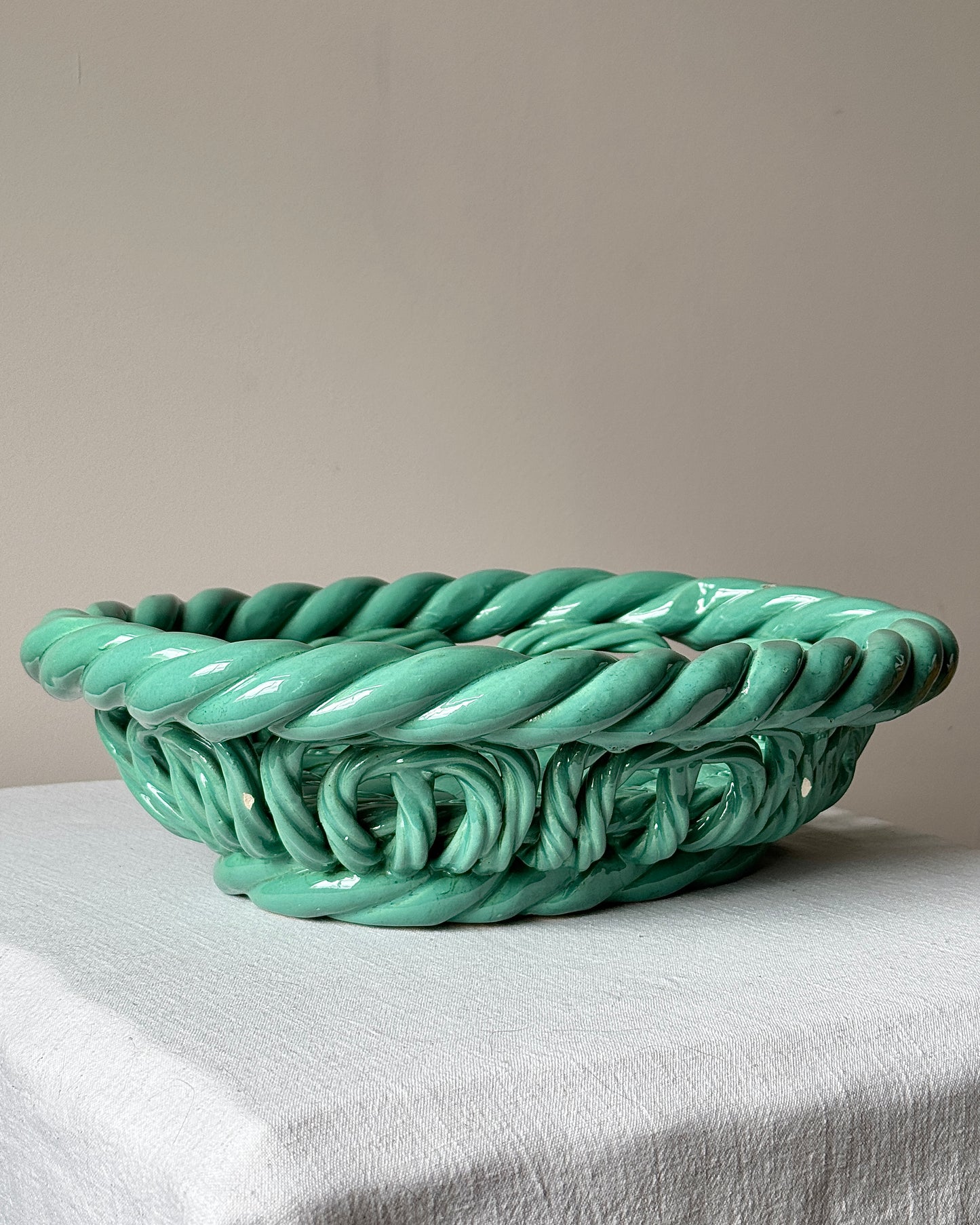 Vallauris Green Glaze Woven Ceramic Bowl
