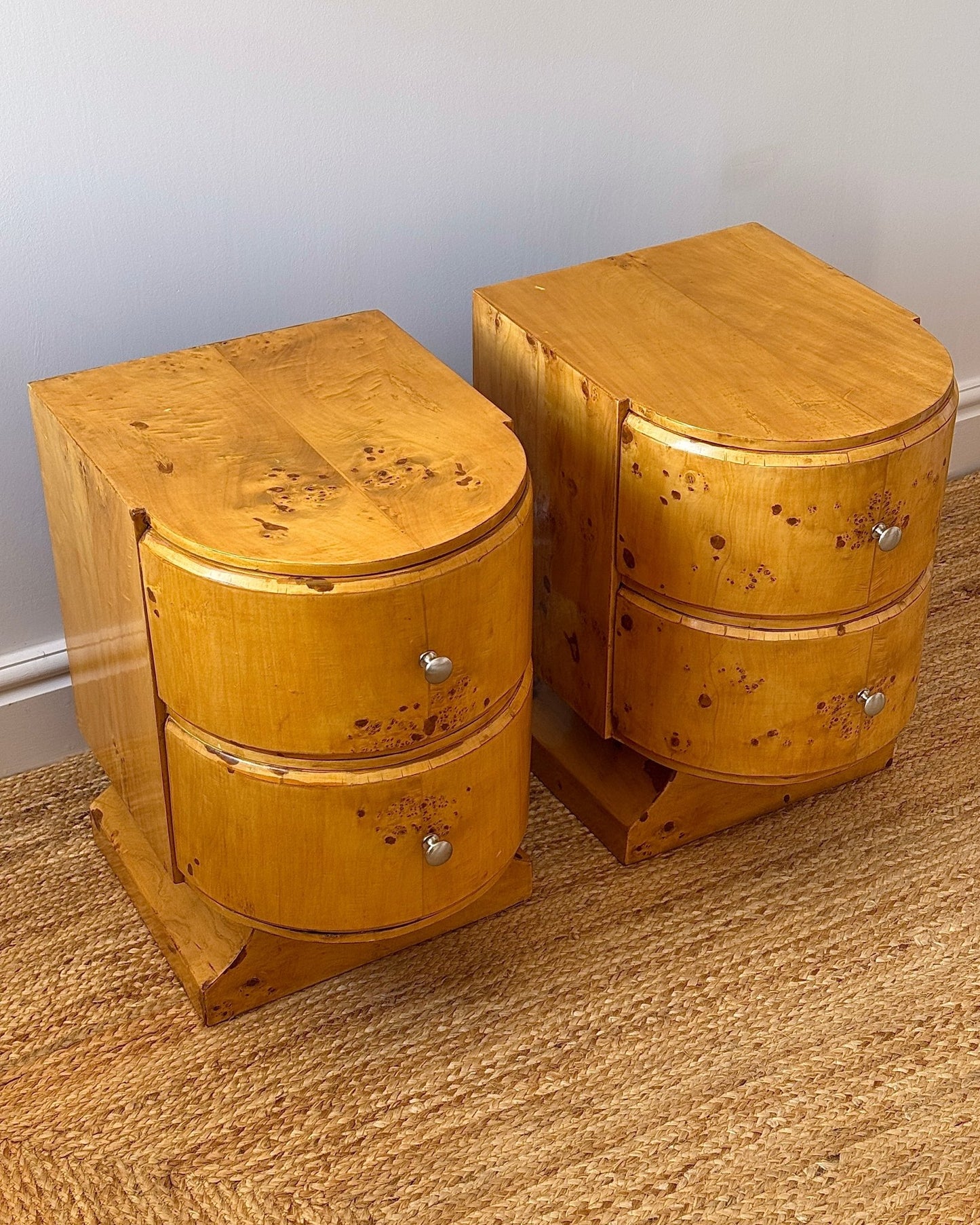 Pair of Art Deco Blonde Birdseye Maple Bedside Tables - Club Sourced