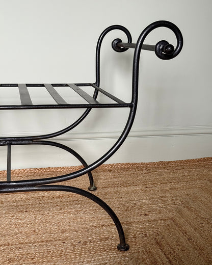 Pair of Wrought Iron Curule Stools with Scrolled Arms