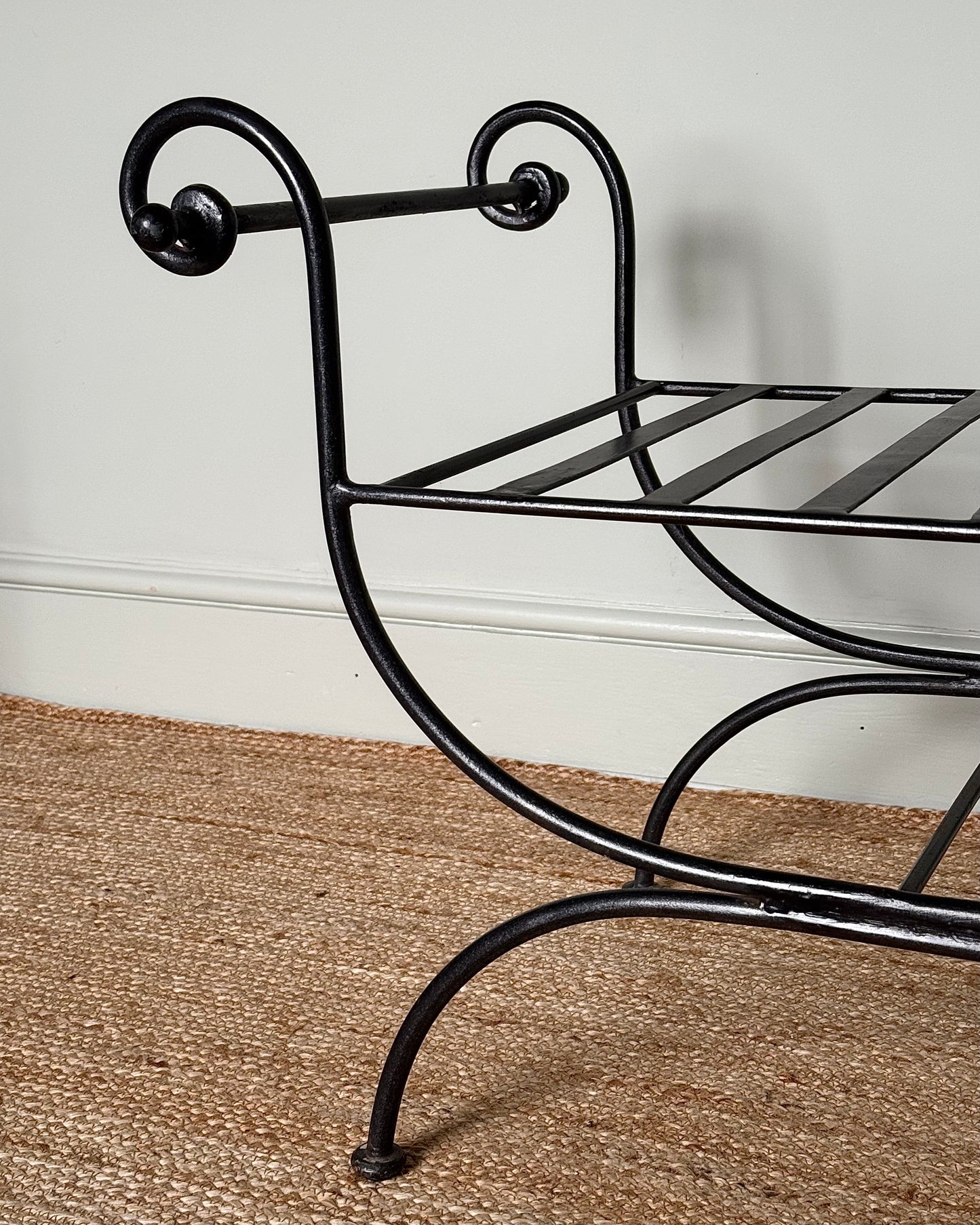 Pair of Wrought Iron Curule Stools with Scrolled Arms
