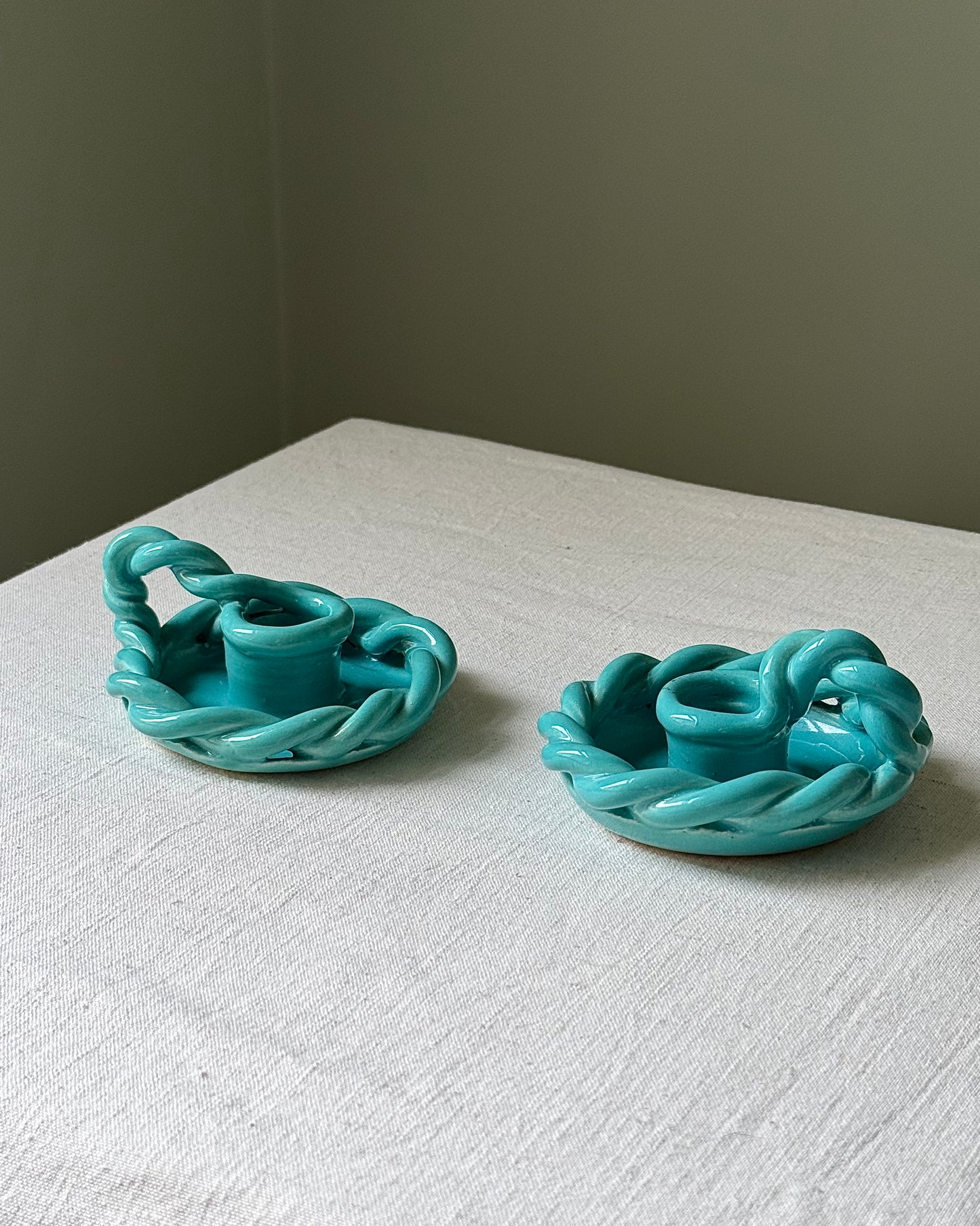 Pair of Vallauris Twisted Rope Turquoise Glaze Candlesticks
