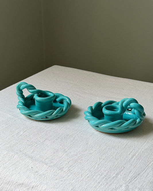Pair of Vallauris Twisted Rope Turquoise Glaze Candlesticks