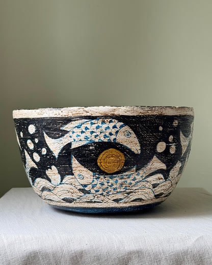 Large Spanish Balearic Folkloric Fish Spiral Wooden Bowl