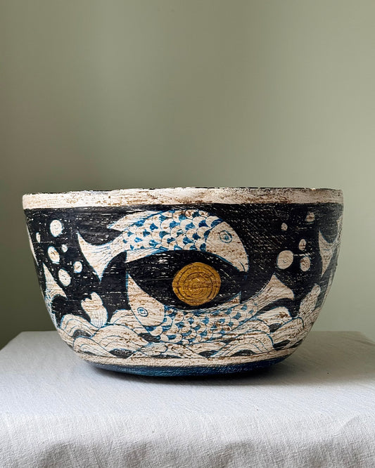 Large Spanish Balearic Folkloric Fish Spiral Wooden Bowl