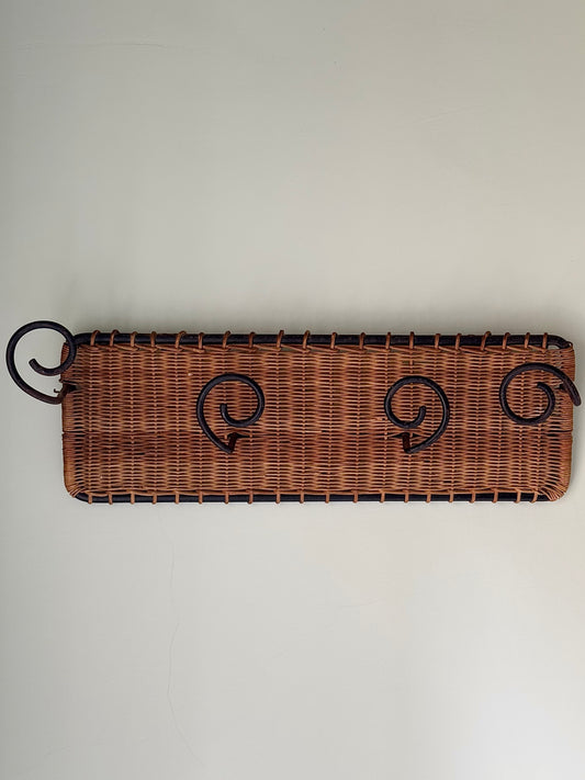 Woven Rattan & Wrought Iron Swirl Wall Hook Rack