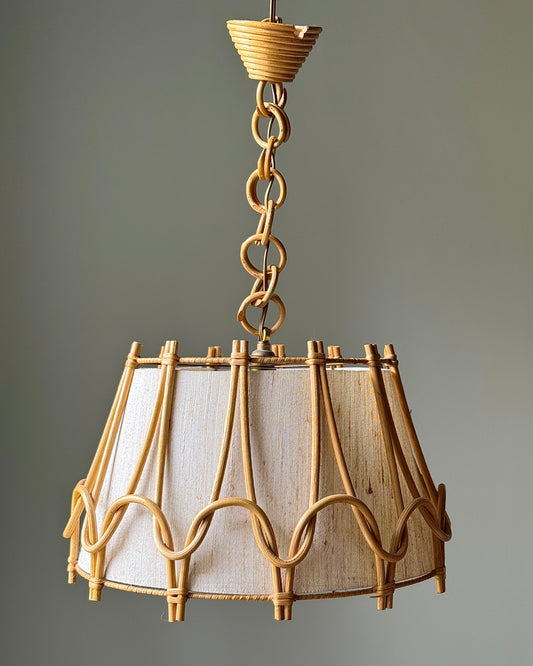 French Rattan & Linen Pendant Light