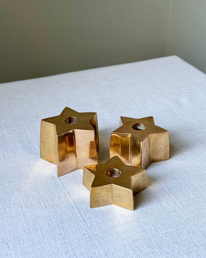 Trio of Scandinavian Graduated Brass Star Candleholders