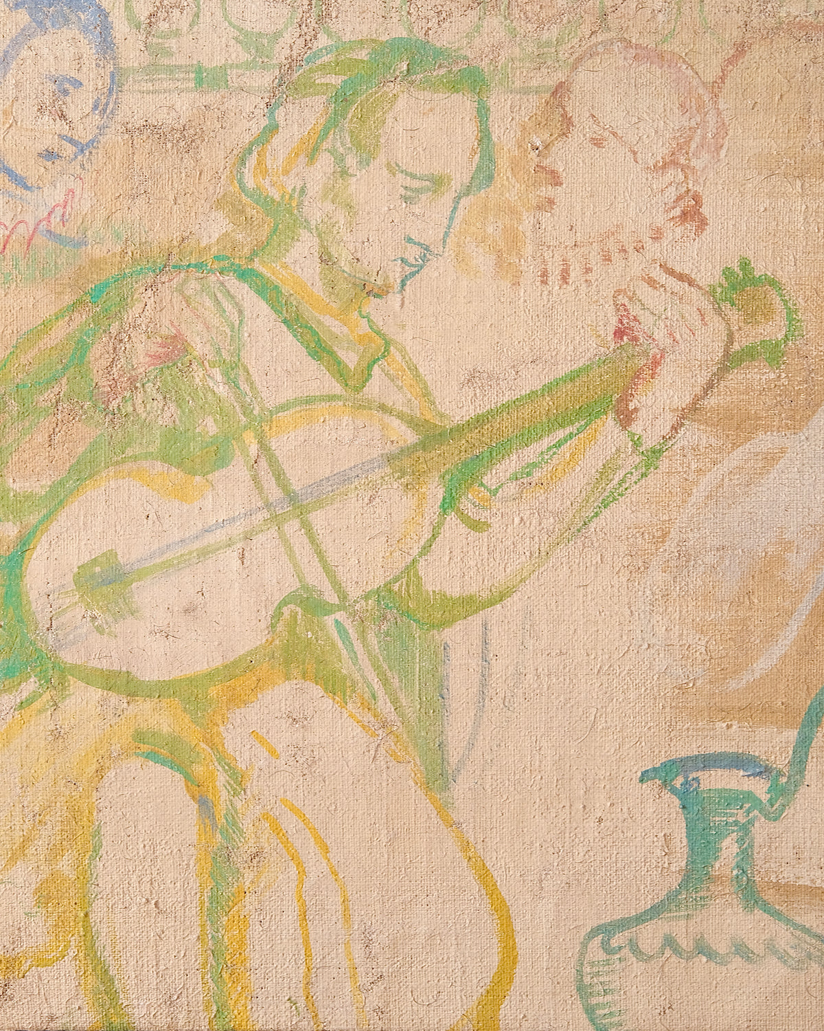 French Painted Hessian Mural Fragment of Musician, 1970s