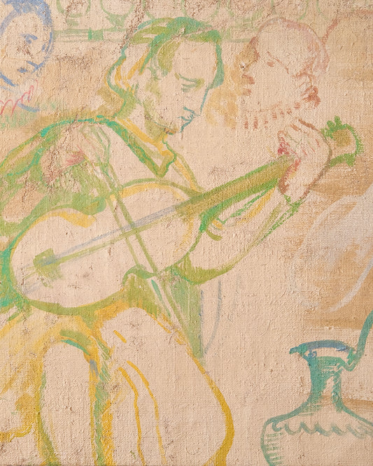 French Painted Hessian Mural Fragment of Musician, 1970s