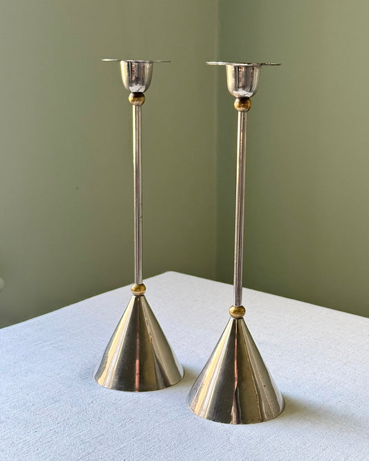 Pair of Chrome and Brass Memphis Style Candlesticks