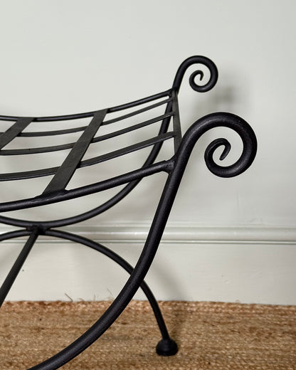 Vintage French Iron Curule Stool with Sculptural Curls
