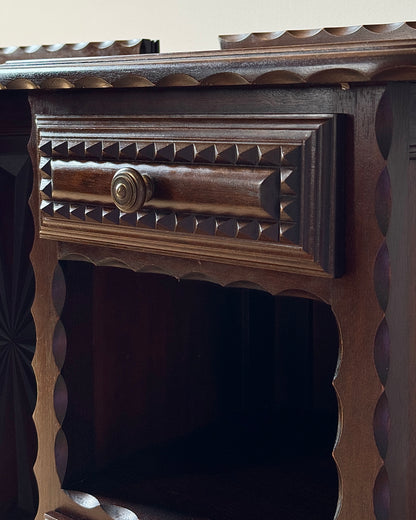 Pair of Folk Carved Oak Bedside Tables, French c.1940