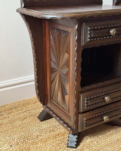 Pair of Folk Carved Oak Bedside Tables, French c.1940