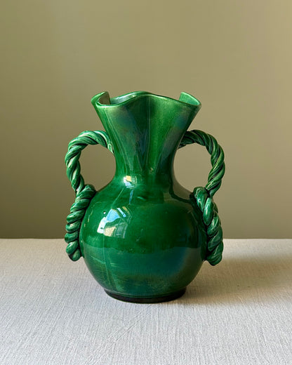 Vallauris Green Glaze Twisted Rope Handled Vase