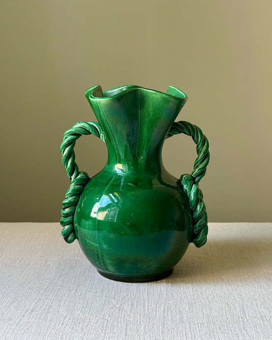 Vallauris Green Glaze Twisted Rope Handled Vase