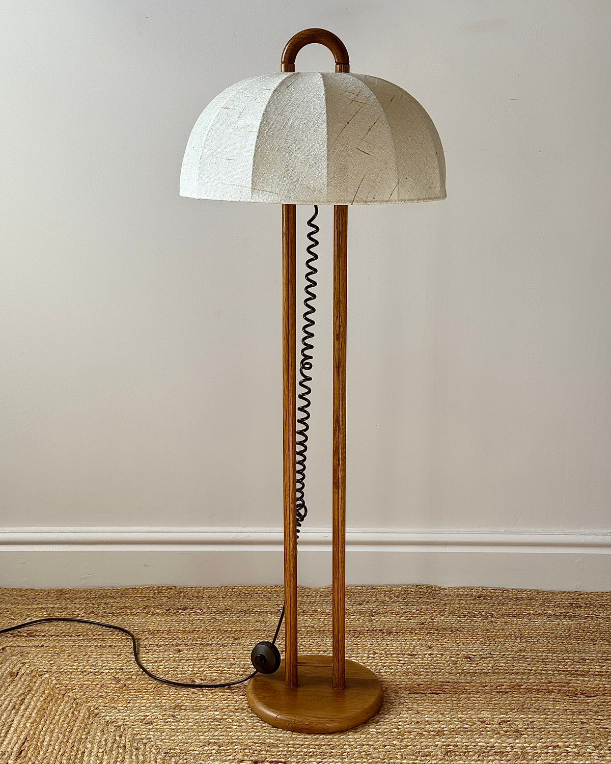 German Oak Floor Lamp with Domed Linen Shade, c.1970
