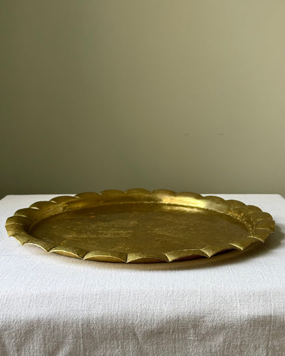 Vintage Hammered Brass Tray with Scalloped Edge