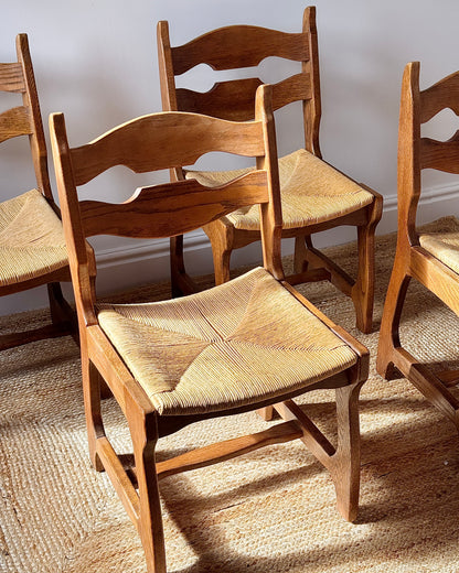 Set of Four Razor Back Oak & Woven Dining Chairs by Guillerme et Chambron