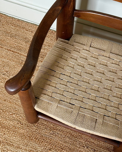 French Low Oak & Rope Armchair, in the style of Charles Dudouyt