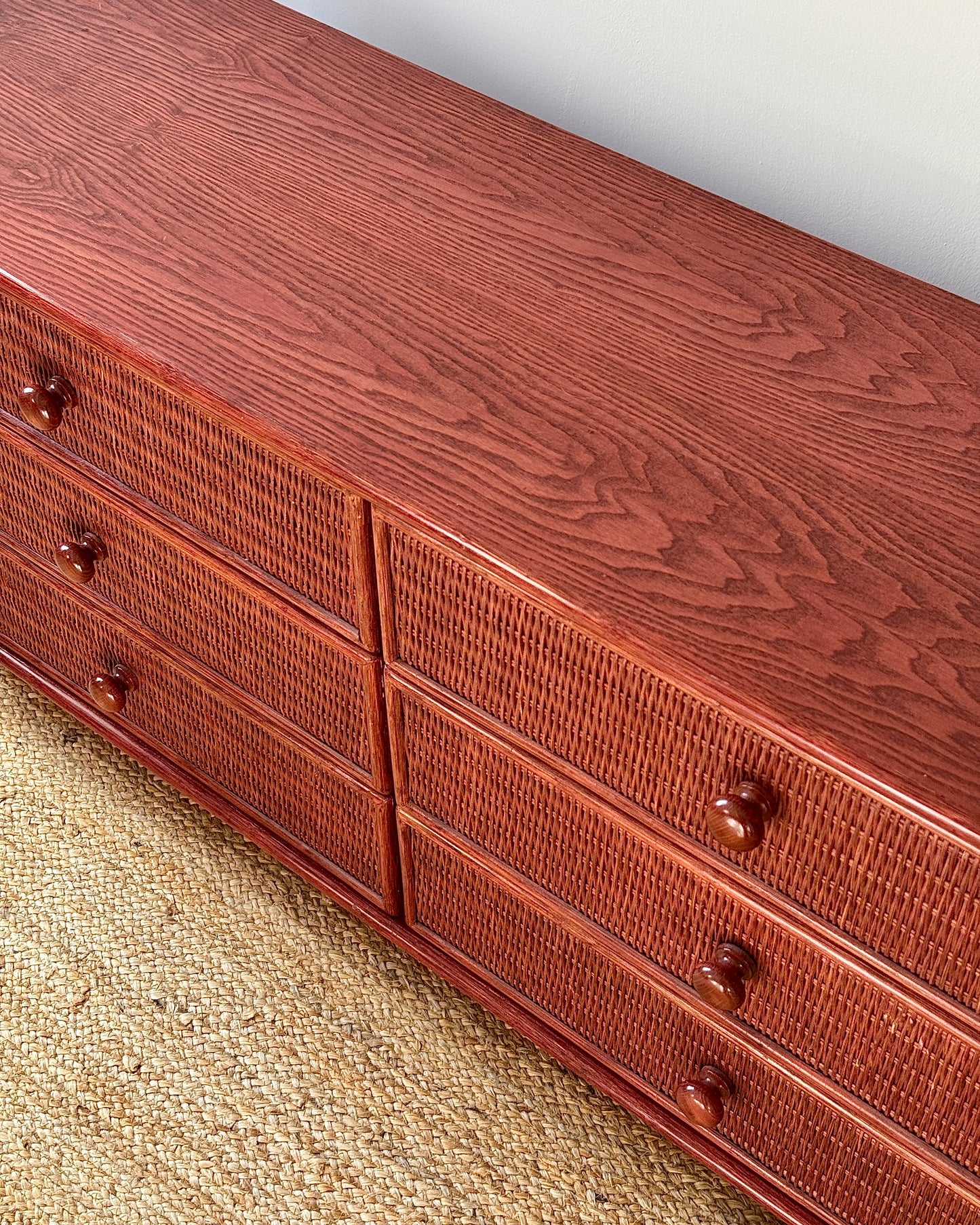 French 1970’s Red Rattan Chest of Drawers