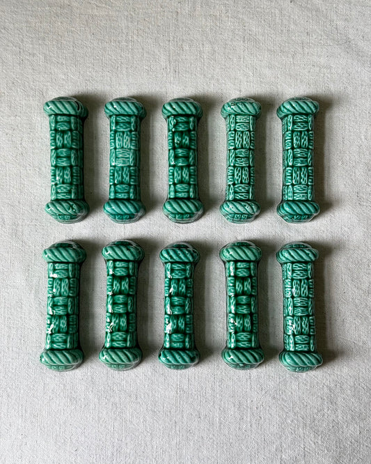 Set of 10 French Majolica Ceramic Green Glaze Woven Cutlery Rests, Digoin Sarreguemines