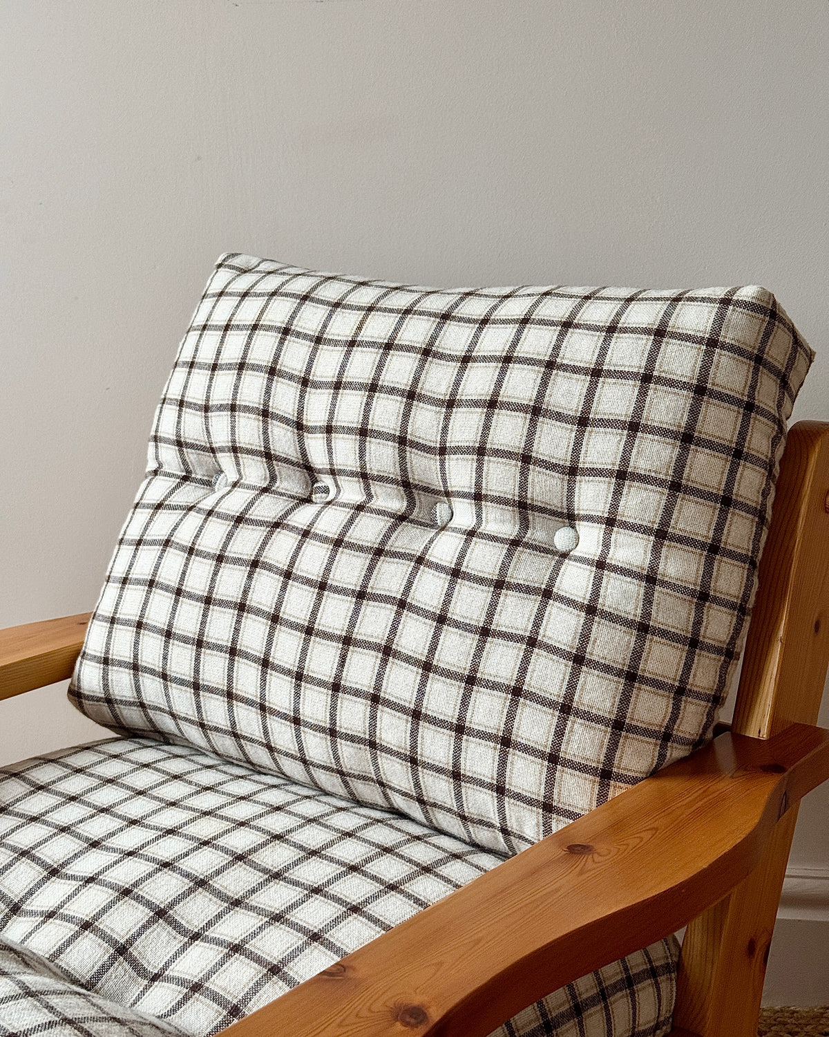 Scandinavian Pine Armchairs with Check Upholstery 1970s