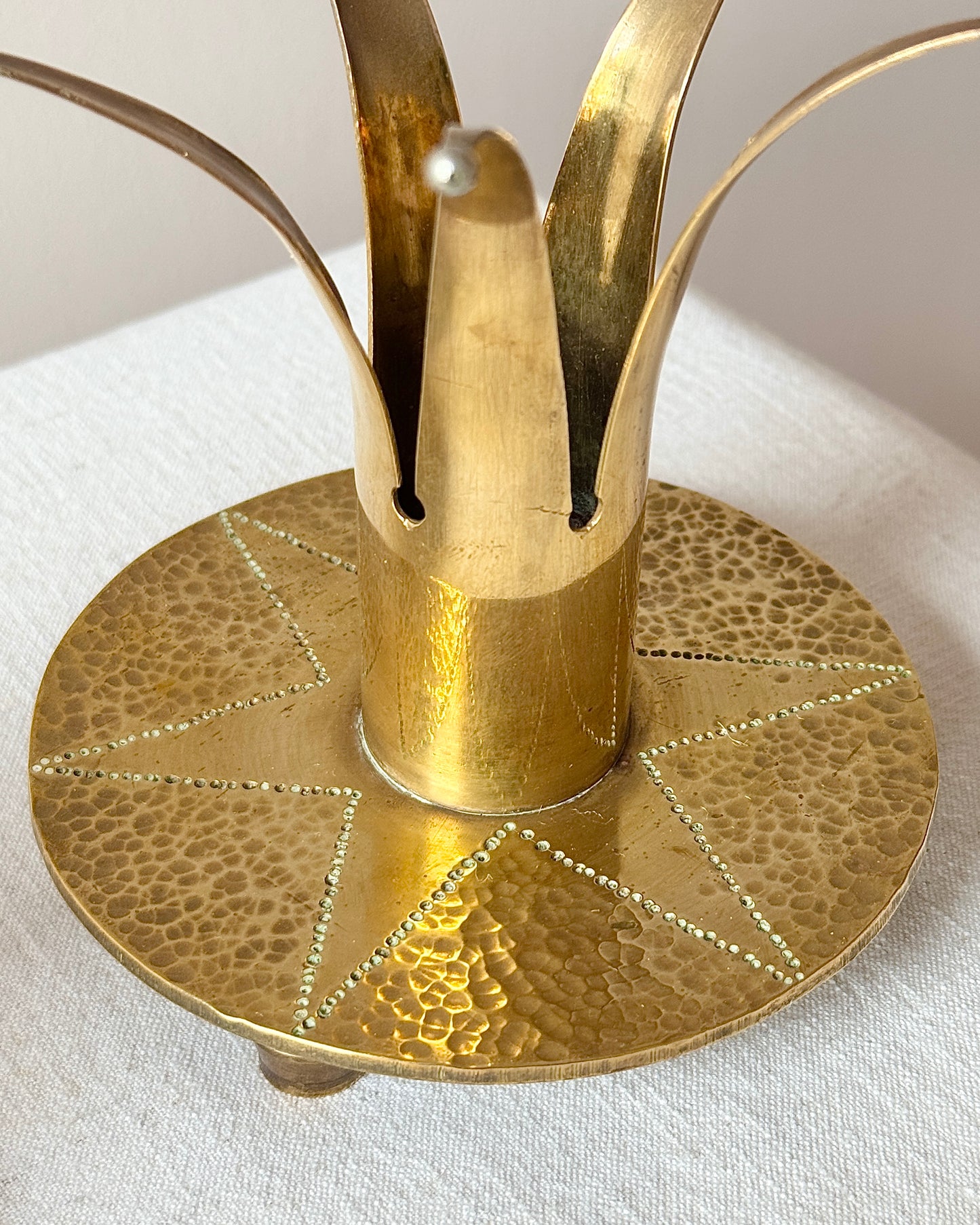 Pair of Swedish Brass Crown Candleholders with Hammered Bases, circa 1950