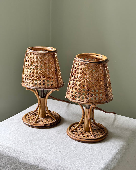 Pair of Italian 1970’s Cane & Rattan Table Lamps