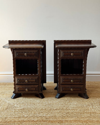 Pair of Folk Carved Oak Bedside Tables, French c.1940