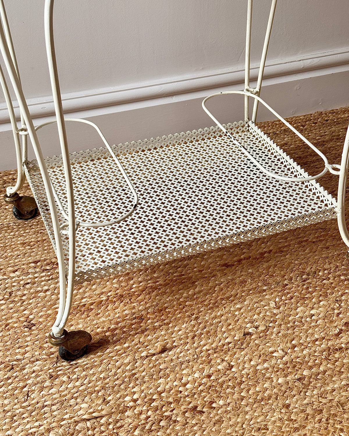 White Perforated Metal Bar Cart, In the Style of Mathieu Matégot
