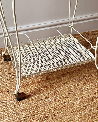 White Perforated Metal Bar Cart, In the Style of Mathieu Matégot
