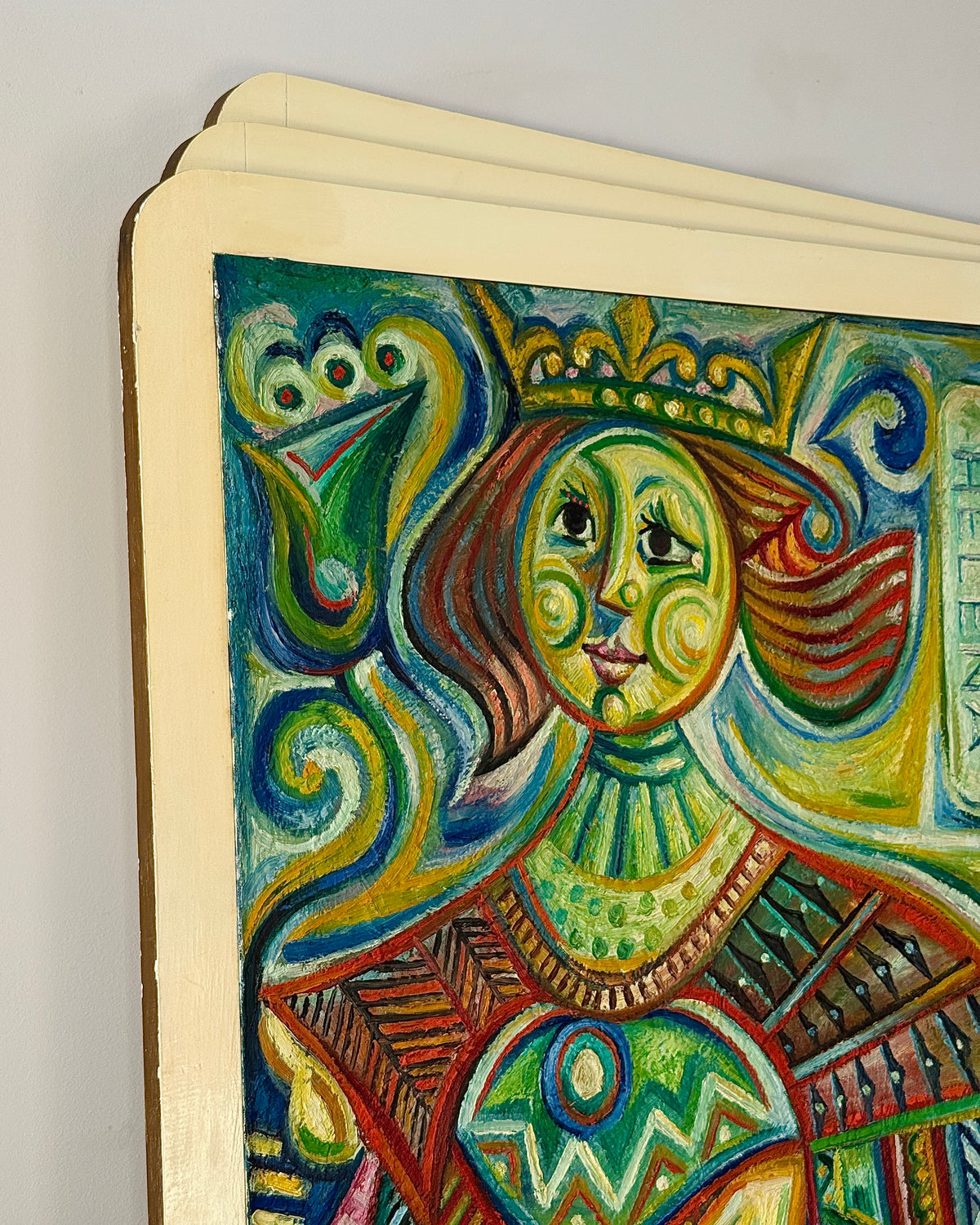 Cubist Playing Card Queen Acrylic on Canvas, Signed Kolo 1968