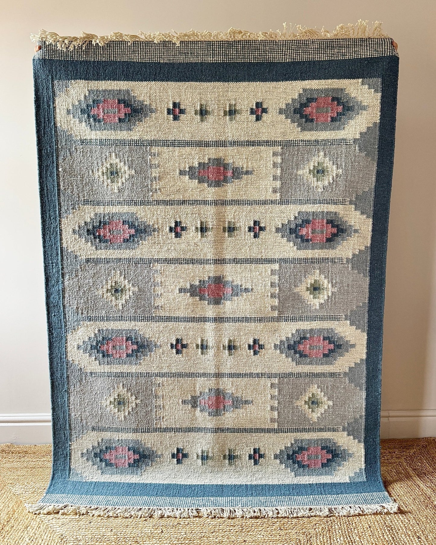 Blue Swedish Wool Röllakan Flatweave with Lozenge Motifs - Club Sourced