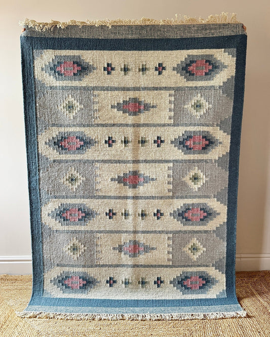 Blue Swedish Wool Röllakan Flatweave with Lozenge Motifs - Club Sourced