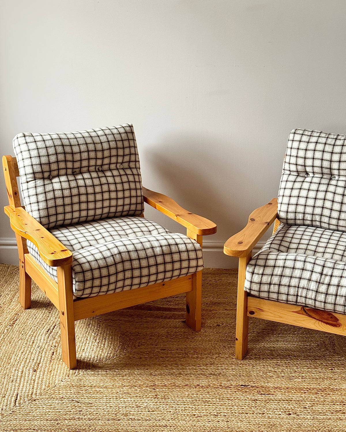 Scandinavian Pine Armchairs with Check Upholstery 1970s