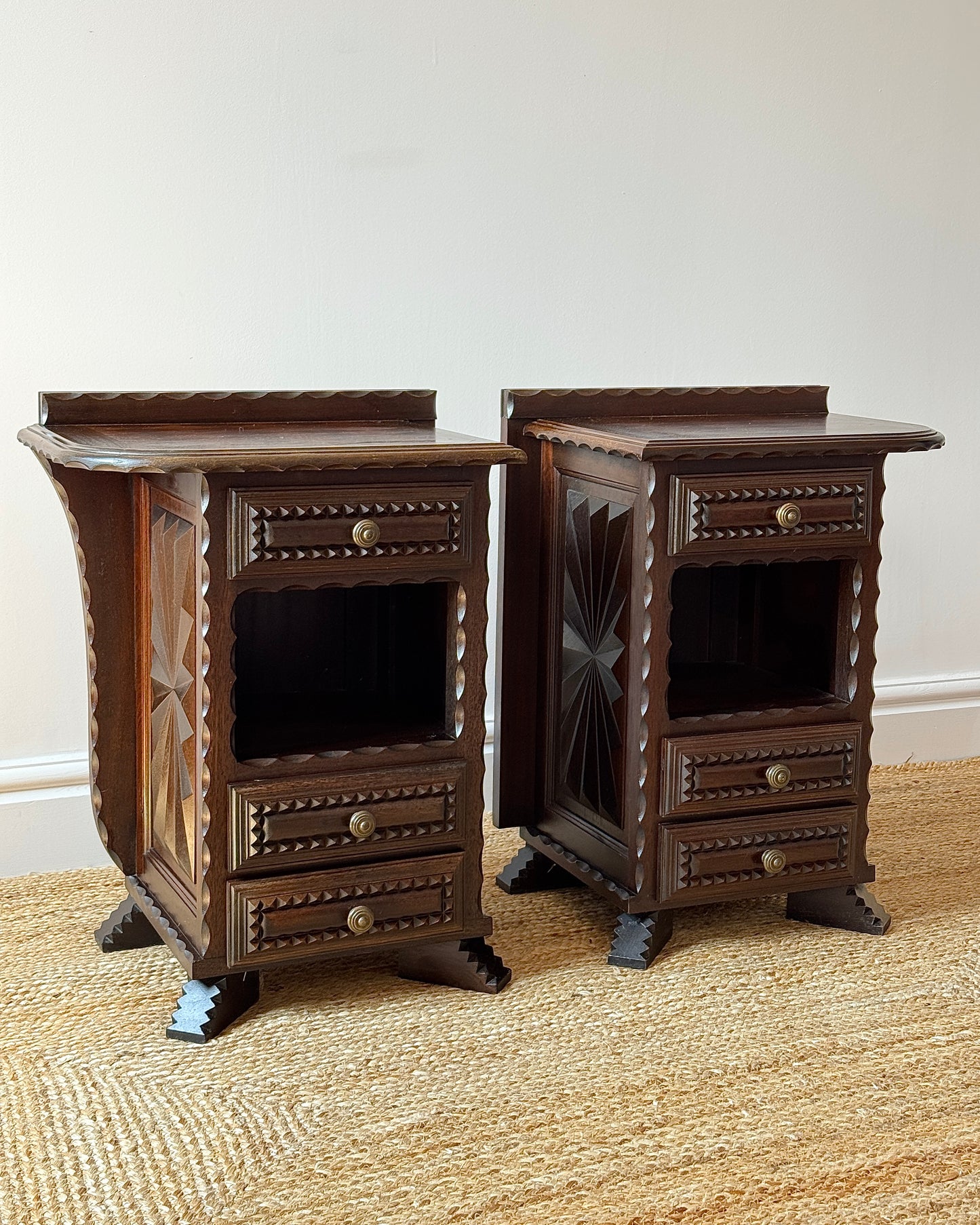 Pair of Folk Carved Oak Bedside Tables, French c.1940